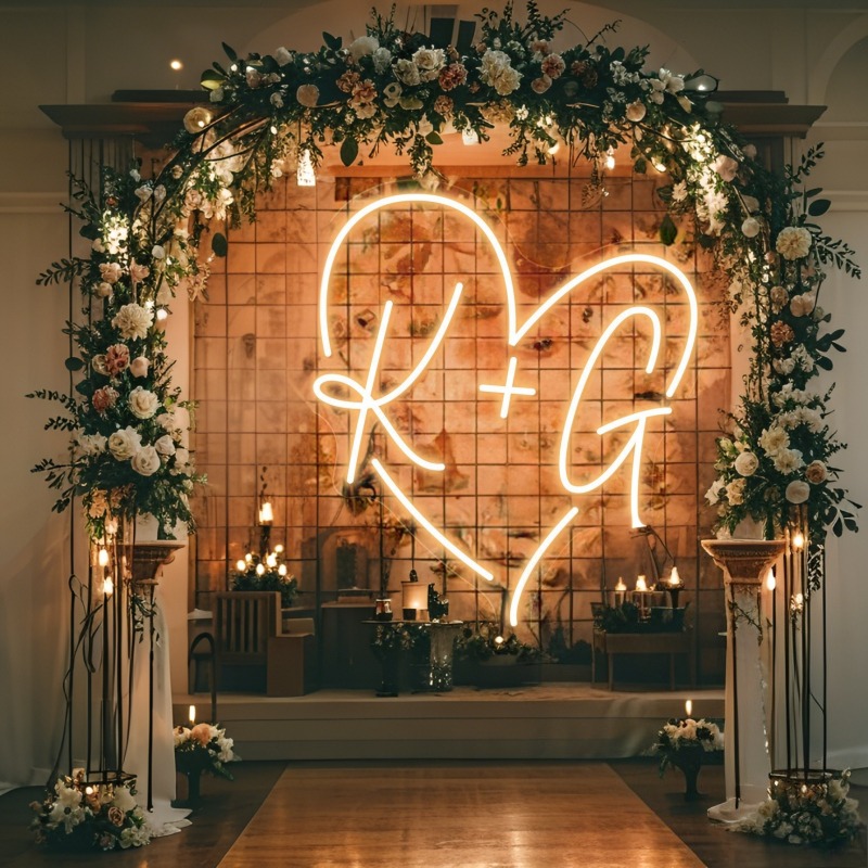 Tanda Neon LED Hati Inisial Ku - Lighting Decoration For Wedding ulasan dan harga